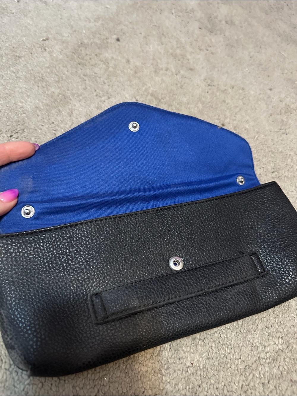 Guess Black Pebbled Leather Clutch with Blue Satin Lining